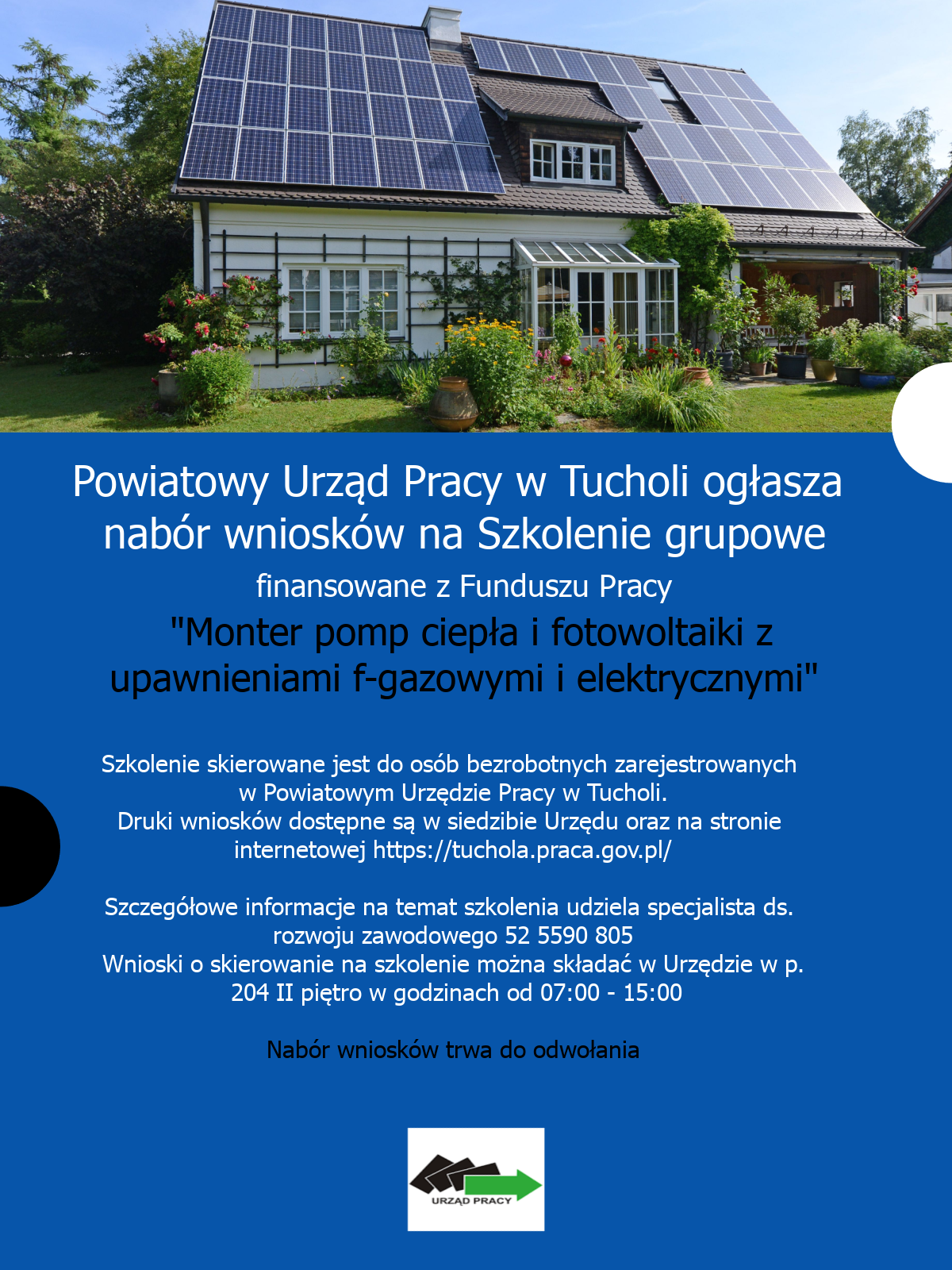 Plakat ogłaszający nabór wniosków na szkolenie grupowe - Monter pomp ciepła i fotowoltaiki z uprawnieniami f-gazowymi i elektrycznymi