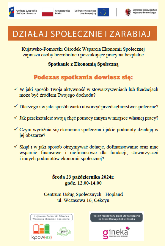 Zaproszenie na spotkanie z ekonomią społeczną, organizowane przez Kujawsko-Pomorski Ośrodek Wsparcia Ekonomii